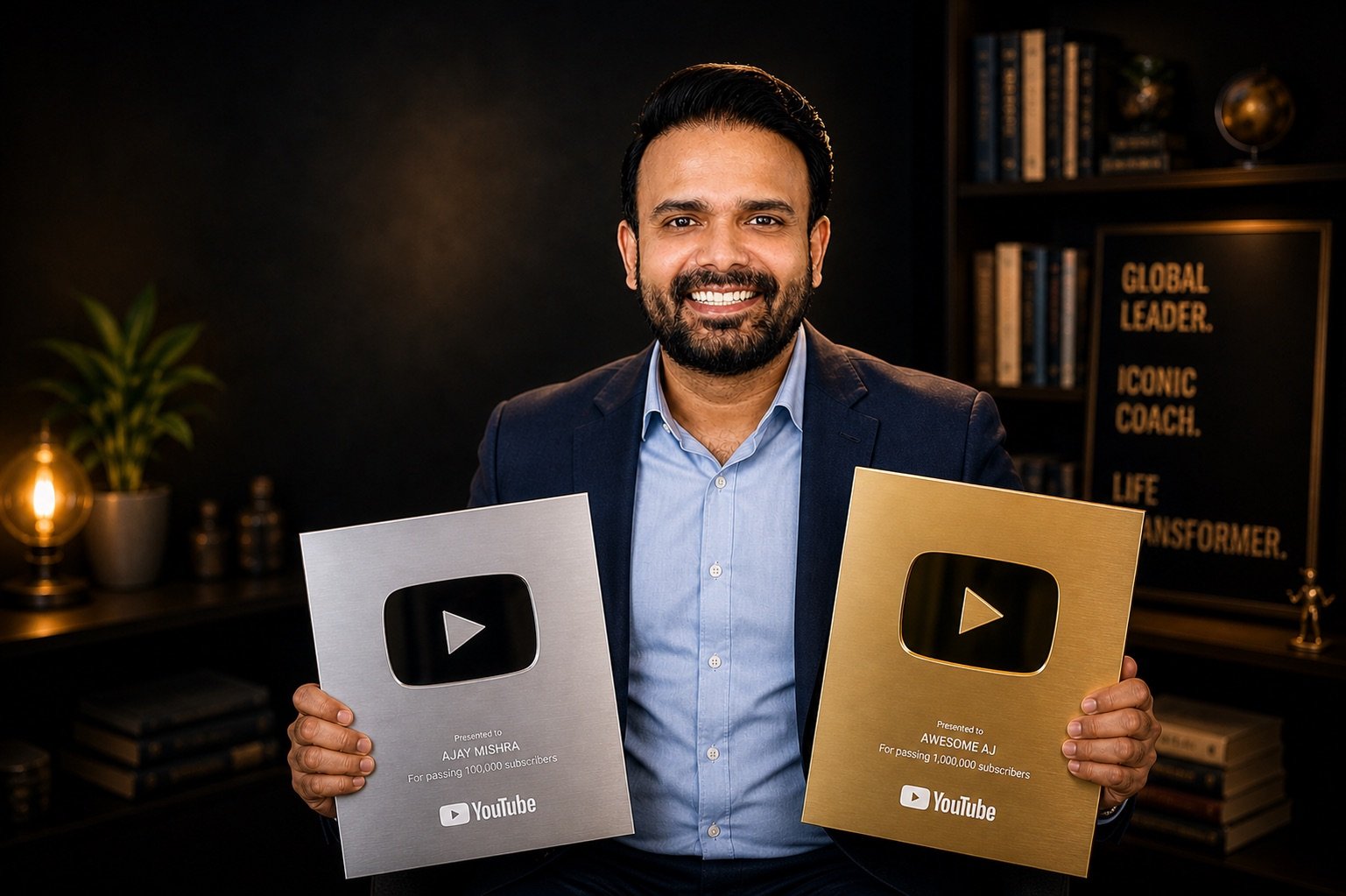 Ajay Mishra holding YouTube creator awards